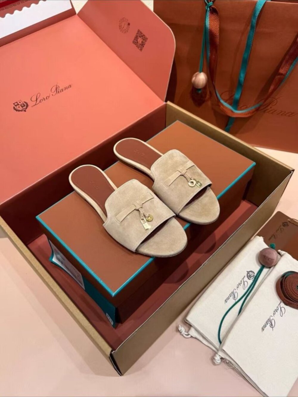 Loro Piana Suede Lock Charm Bow Slide